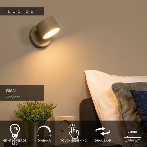 Lucide GIAN - Wandlamp - LED Dimb. - 1x9W 2700K - Taupe - USP